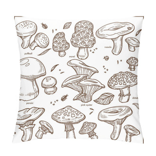 Personality  Mushrooms Sketch Icons. Vector Edible Champignon, Chanterelle Or Morels And Porcini Cep Mushroom, Boletus And Forest Russula Or Puffball, Poisonous Amanita And Lactarius Or Shiitake Pillow Covers