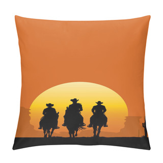 Personality  Silhouette Of Three Cowboys Riding A Horse At Sunset Pillow Covers