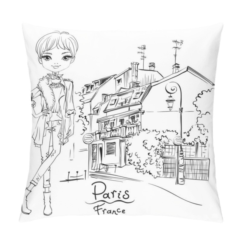 Personality  Vector cute girl in autumn clothes, headscarf and boots, jacket and jeans in Paris, France. Black and white illustration for coloring book. pillow covers