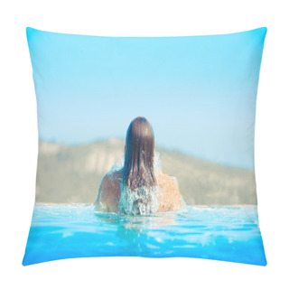 Personality  Beautiful Girl In The Pool Against The Backdrop Of Beautiful Mountains Pillow Covers