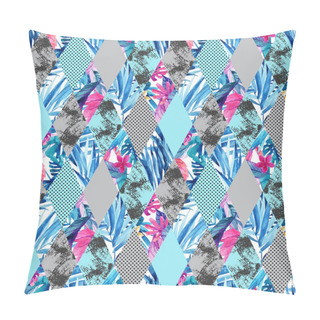 Personality  Abstract Watercolor Rhombi And Tropical Leaves Seamless Pattern. Rhombuses With Palm Leaf, Marble, Grunge Textures Background. Hand Painted Colorful Natural Illustration In Patchwork Style Pillow Covers