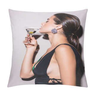 Personality  Side View Of Woman Drinking Martini With Olive On White Pillow Covers