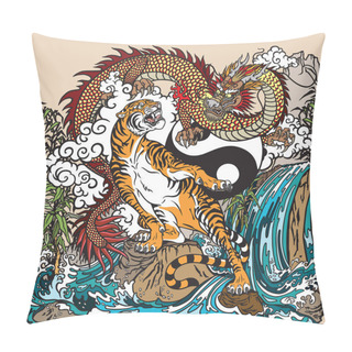 Personality  Chinese Dragon Versus Tiger In The Landscape With Waterfall , Rocks ,plants And Clouds . Two Spiritual Creatures In The Buddhism. Vector Illustration Included Yin Yang Symbol Pillow Covers