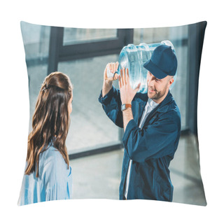Personality  Woman Looking At Delivery Man Holding Water Bottle Pillow Covers