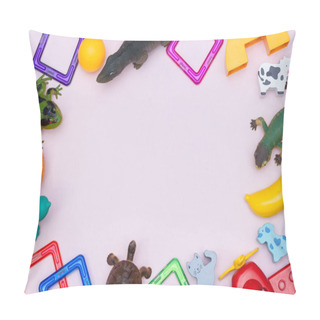 Personality  Kids Background With Colorful Toys, Frame, On Pink Backround. Copy Space, Flat Lay, Top View. Pillow Covers