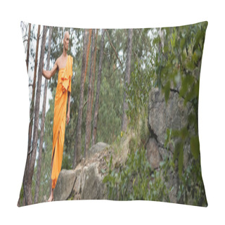 Personality  Full Length View Of Buddhist In Orange Robe Walking In Forest, Banner Pillow Covers
