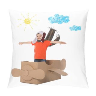 Personality  Cute Little Boy Playing With Cardboard Plane And Drawing Of Clouds On White Background Pillow Covers