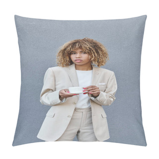 Personality  Curly African American Businesswoman Posing With Cup Of Coffee Near Grey Wall Of Office Building Pillow Covers