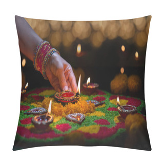 Personality  Clay Diya Lamps Lit During Diwali Celebration, Diwali, Or Deepavali, Is India's Biggest And Most Important Holiday. Pillow Covers