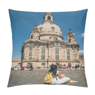 Personality  DRESDEN, GERMANY - JULY 24, 2018: People On Square Near Church Of Our Lady In Dresden, Germany Pillow Covers