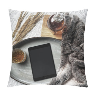 Personality  Lifestyle Flat Lay Composition With Modern Tablet Pc For Reading In Bed Concept, Along With Whiskey And Wheat Pillow Covers