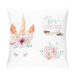 Personality  Isolated Cute Watercolor Unicorn Clipart With Flowers. Nursery Unicorns Illustration. Princess Rainbow Poster. Trendy Pink Cartoon Pony Horse. Pillow Covers
