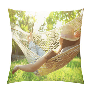 Personality  Young Woman With Hat Resting In Comfortable Hammock At Green Garden Pillow Covers