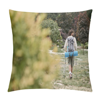 Personality  Side View Of Indian Tourist With Trekking Poles Walking On Path In Forest Pillow Covers