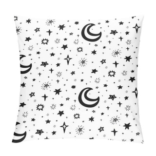Personality  Seamless Childish Cosmos Pattern With Black Silhouette Of Stars And Moon On White Background. Vector Monochrome Texture Of The Universe With Dots. Vector Wallpaper Of Space Pillow Covers