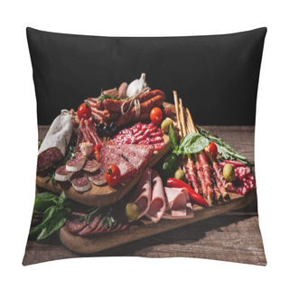 Personality  Cutting Boards With Delicious Salami, Smoked Sausages, Ham, Vegetables And Herbs On Wooden Rustic Table Pillow Covers