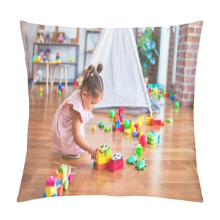 Personality Young Beautiful Toddler Sitting On The Floor Playing With Small Cars Toys At Kindergaten Pillow Covers
