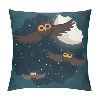 Personality  The Owls Flies In The Clouds Under Moon. Vector Illustration Pillow Covers