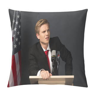 Personality  Indignant Emotional Man On Tribune With American Flag On Black Background Pillow Covers