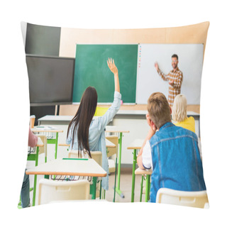 Personality  Rear View Of Young Students Listening To Teachers Lecture At College Pillow Covers