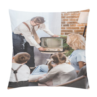 Personality  Mother With Two Kids Looking At Father Turning On Vintage Tv, 1950s Style Pillow Covers