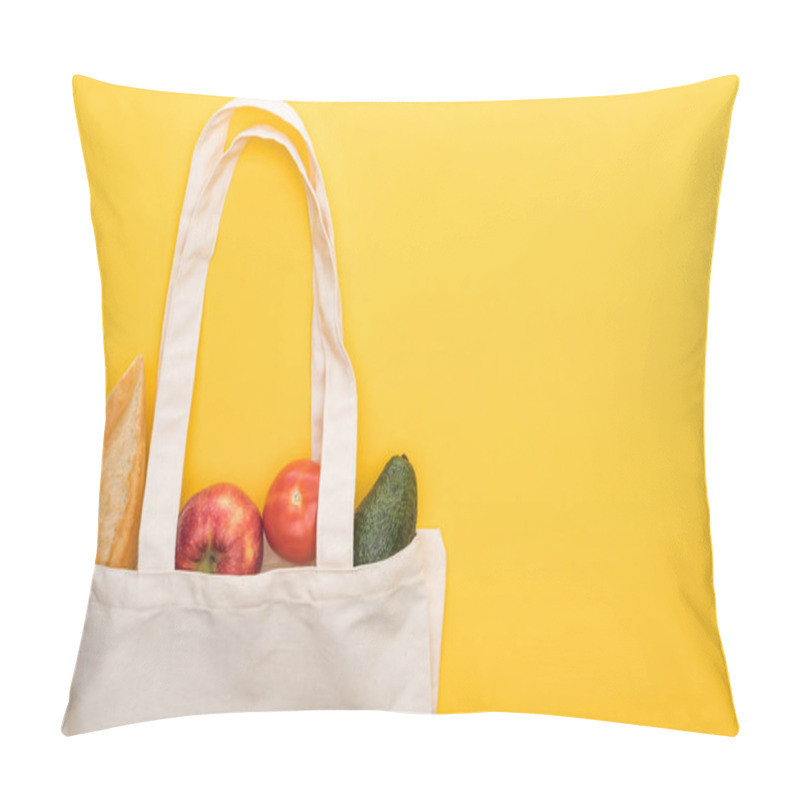 Personality  Top View Of Ripe Apples, Baguette And Avocado In Eco Friendly Bags Isolated On Yellow Pillow Covers