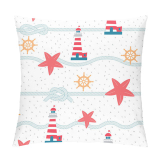 Personality  Maritime Seamless Repeat Pattern With Starfish, Rope And Lighthouse In Red, Turquoise And Yellow.Perfect For Wrapping, Textile And Design Projects, Vector Illustration. Pillow Covers