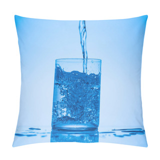 Personality  Toned Image Of Water Pouring In Glass On Blue Background With Splashes And Copy Space Pillow Covers