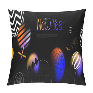 Personality  Happy New Year Web Template Illustration In Modern Abstract Geometric Design Style. Colorful Light Blur Gradient Decoration On Black Background For Holiday Celebration Event. Pillow Covers