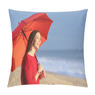 Personality  Happy Girl With Red Umbrella On The Beach Pillow Covers