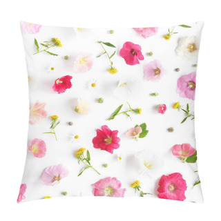 Personality  Flower Composition With Hollyhocks, Dandelions And Chamomiles On White Background Pillow Covers