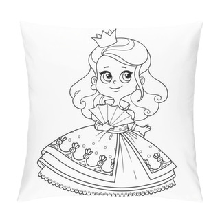 Personality  Cute Curly Haired Princess In Ball Dress With Fan Outlined For Coloring Book  Pillow Covers