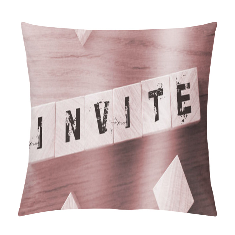 Personality  Invite written on a wooden cube in a office desk. Welcome new members or referral programm affiliate marketing concept. pillow covers