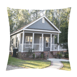 Personality  Close Up Of Small Blue Gray Mobile Home With A Front And Side Porch With White Railing Pillow Covers