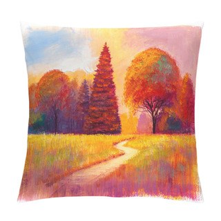 Personality  Landscape Painting Showing Wild Forest On Sunny Autumn Day. Pillow Covers