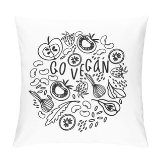 Personality  Circular Ornament With Fruit, Vegetables, Beans, Greens. Black And White Illustration For Coloring Book Pillow Covers