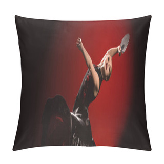 Personality  Panoramic Shot Of Young Flamenco Dancer In Dress Holding Fan While Dancing On Red  Pillow Covers