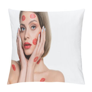 Personality  Young Woman With Red Kiss Prints On Cheeks Touching Face Isolated On White Pillow Covers