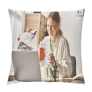 Personality  Happy Teenager Girl Showing Her Artwork While Studying And Looking At Her Laptop, Art Class Online Pillow Covers