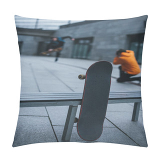 Personality  Skateboarders Taking Photos Of Tricks With Skateboard Leaning At Bench On Foreground Pillow Covers