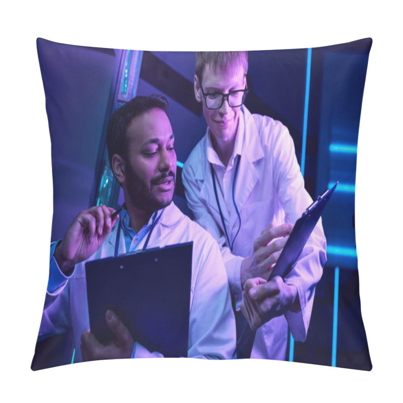 Personality  Futuristic Analysis: Hindu Scientist Examines Data In Neon-Lit Science Center Pillow Covers