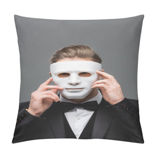 Personality  Young Businessman Hiding Face With Mask Isolated On Grey Pillow Covers