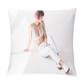 Personality  Woman With Pink Hair Posing On Floor Pillow Covers