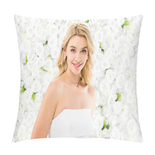 Personality  Pretty Smiling Bride Looking At Camera On White Floral Background Pillow Covers