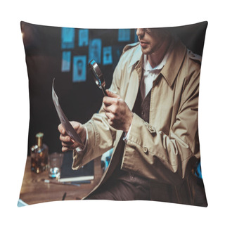 Personality  Cropped View Of Detective In Trench Coat Looking At Photo Through Magnifier Pillow Covers
