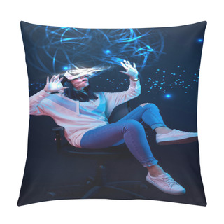 Personality  Young Shocked Woman In Virtual Reality Headset Sitting On Chair And Gesturing Among Glowing Data Illustration On Dark Background  Pillow Covers