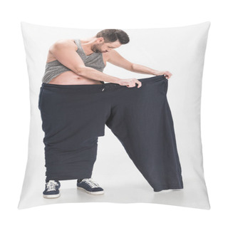 Personality  Overweight Man In Tank Top Holding Oversize Pants After Weight Loss On White Pillow Covers