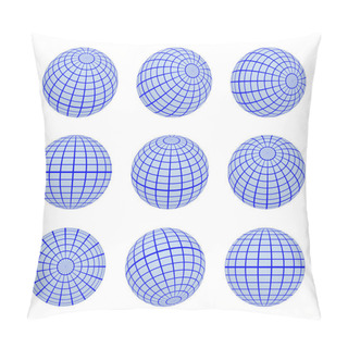 Personality  Set Spheres Globe Earth Grid From Different Sides. Horizontal And Vertical Lines, Latitude And Longitude In Blue Colors Pillow Covers