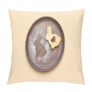 Personality  Plate With Delicious Easter Cookie In Shape Of Bunny On Beige Background Pillow Covers
