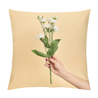 Personality  Unknown Woman With Nail Polish Holding Beautiful Fresh Eustoma Flowers On Pastel Yellow Backdrop Pillow Covers